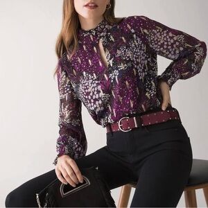 White House Black Market Georgette Blouse Gold Metallic Swiss Dot Textured